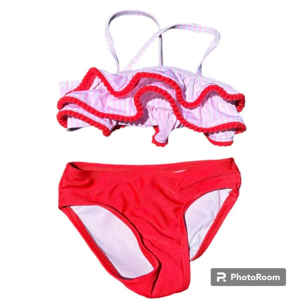 Cat & Jack Toddler‎ Girl's Striped Red Pink and White Ruffle Bikini 3T